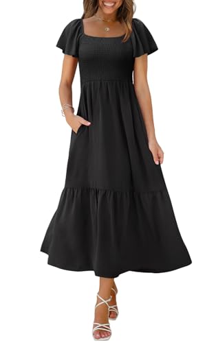Image of OFEEFAN Summer Dresses for Women Square Neck Ruffle Sleeve Smocked Maxi Dress with Pockets