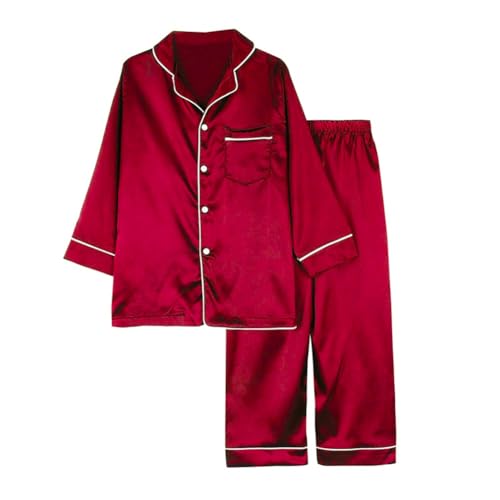 Miyanuby Conjunto de pijama de satén de seda con botones para niñas y niños, ropa de dormir de 2 piezas, regalo para bebés y niñas, Rojo (manga larga), 11-12 Años