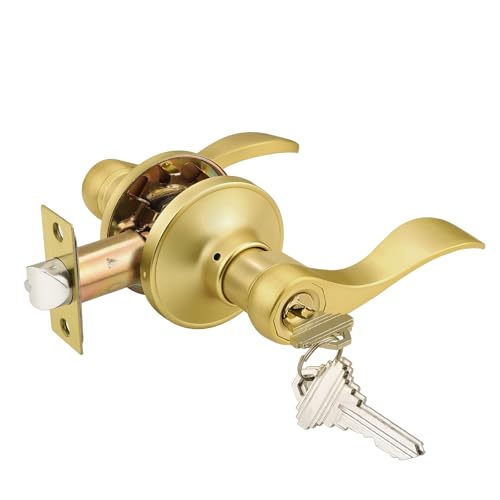 Probrico Brushed Gold Door Handles Front Exterior Door Handles with Lock and Keys, Gold Entry Door Lever Wave Style Reversible, 1 Pack