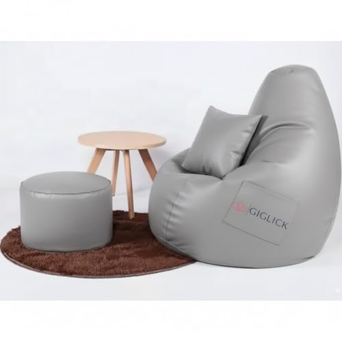 Image of 4XL Bean Bag Chair with Footrest & Cushion | Pre-Filled Beans | PVC Leatherette Lounger Sofa | Indoor & Outdoor Bean Bag with Pocket & Handle | Double Stitching | 6 Months Warranty Color- (Grey)