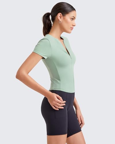Image of G4Free BareFeel Womens Workout Tops Short Sleeve Half Zip Slim Fit Athletic Shirts Gym Running Yoga Slight Crop Tshirts