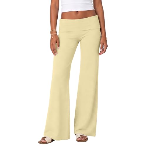 ONLYSTORY Fold Over Flare Pants for Women Y2K Low Rise Stretchy Yoga Pants Casual Lounge Sweatpants for Daily Wear Light Yellow 2X