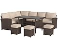 U-MAX 7 Piece Outdoor Patio Furniture Set, PE Rattan Wicker Sofa Set, Outdoor Sectional Furniture Set with Dining Table, Brown Rattan&Khaki Cushions