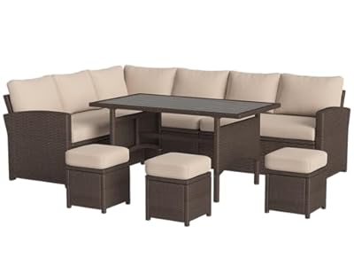 U-MAX 7 Piece Outdoor Patio Furniture Set, PE Rattan Wicker Sofa Set, Outdoor Sectional Furniture Set with Dining Table, Brown Rattan&Khaki Cushions