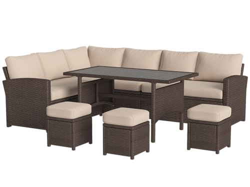 U-MAX 7 Piece Outdoor Patio Furniture Set, PE Rattan Wicker Sofa Set, Outdoor Sectional Furniture Set with Dining Table, Brown Rattan&Khaki Cushions