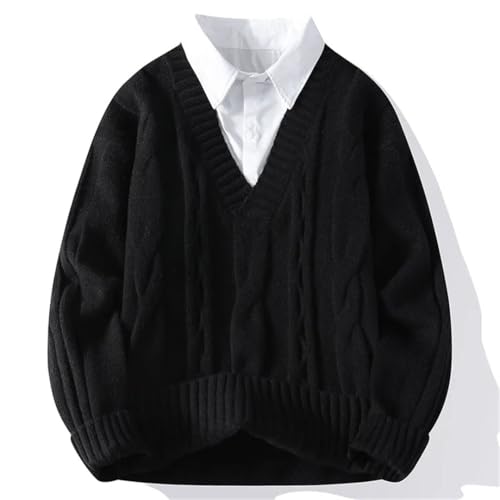 Men Fake Two-Piece Knit Pullovers Sweater Preppy Style V-Neck Pull On Solid Sweaters 7