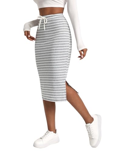 EARKOHA 2025 Skirts for Women High Stretch & Cool-Fabric Solid Split Side Drawstring Waist Skirt Grey M