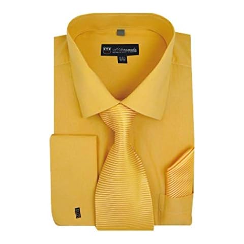 Milano Moda Solid Dress Shirt with Tie, Hankie & French Cuffs SG27-Gold-18-18 1/2-36-37 Cover
