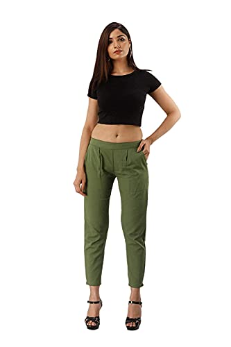 Image of DIGITAL SHOPEE Women Cotton Regular Fit Elastic Waist Casual Ankle Pant Trouser with Two Side Pocket