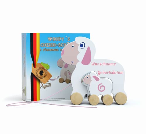 WoodyWood® Nachziehspielzeug Schaf mit Lämmchen, Holzspielzeug für Babys und Kinder, Kinderspielzeug ab 1 Jahr zum Ziehen, Schieben, Spielen, Nachziehtier zur Förderung der Bewegung & Motorik