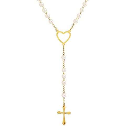 Edforce Stainless Steel Heart and Pearl Rosary with Cross, 29.5 inch (Gold) Cover
