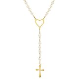Edforce Stainless Steel Heart and Pearl Rosary with Cross, 29.5 inch (Gold)