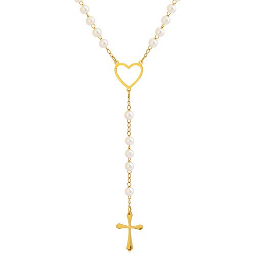 Edforce Stainless Steel Heart and Pearl Rosary with Cross, 29.5 inch