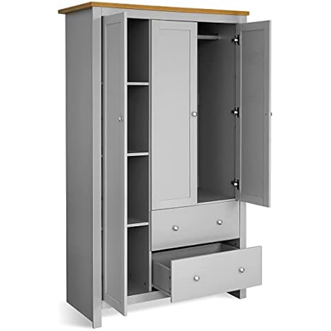 Blisswood 3 Door 2 Drawer Wardrobe MDF With Shelf Hanging Rail, Wooden Double Wardrobe Large Cupboard Bedroom Storage Furniture, Grey, 180H x 109W x 52D cm Cover