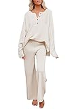 Uusollecy Women 2 Piece Sweater Outfit Set Long Sleeve Pullover Knit Lounge Set Knit Wide Leg Pants Tacksuit Loungewear Beige M