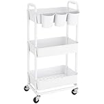 JIUYOTREE 3-Tier Plastic Rolling Storage Cart Utility Cart with Extra Hanging Cups Handles Lockable Wheels for Living Room Bathroom Kitchen Office White