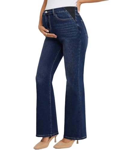 Image of PACBREEZE Women's Maternity Flare Jeans Mid-Rise Stretchy Bell Bootcut Jeans Denim Pregnancy Pants, S-XXL