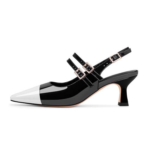 100FIXEO Women's Mid Heel Slingback Pumps Double Buckle Strap Two-Tone Patent Leather Dress Shoes2