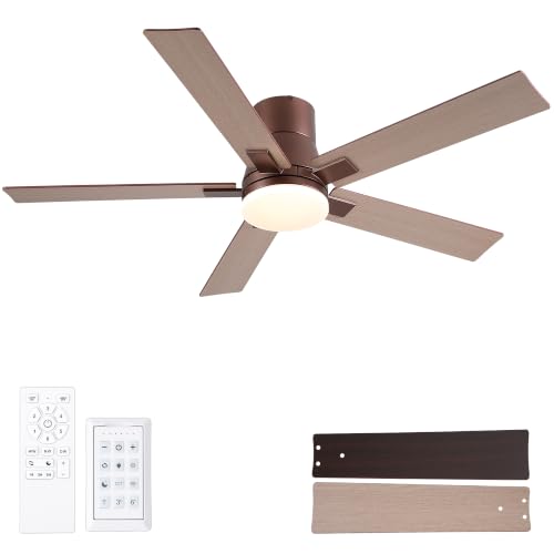 Image of Rayqueen 52 Inch Brown Flush Mount Ceiling Fans with Lights and Remote