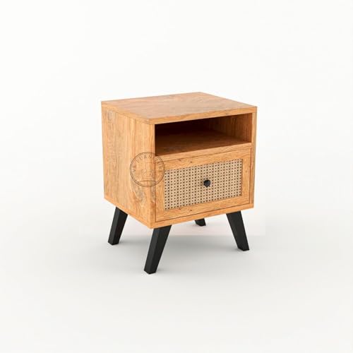 Image of Wooden Bedside Table with Cane Rattan Drawer & Open Shelf | Modern Nightstand for Bedroom (Natural Finish)