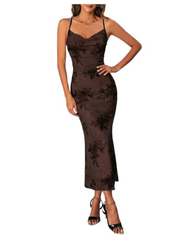 Image of SOLY HUX Women's Floral Mesh Bodycon Cami Dress Cowl Neck Sleeveless Cocktail Party Wedding Guest Long Maxi Dresses