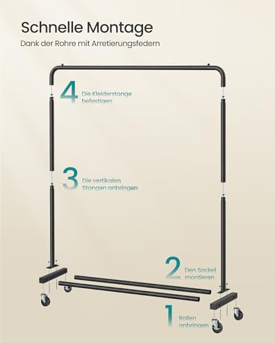 SONGMICS Kleiderständer, Kleiderstange auf Rollen, Garderobenständer, 2 Rollen mit Bremse, Schlafzimmer, bis 50 kg belastbar, 38 x 110 x 141,5 cm, tintenschwarz HSR016BH01