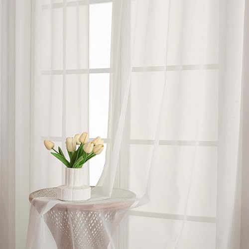 Image of Chyhomenyc Ivory Sheer Valances for Windows - Light Filtering Small Kitchen Curtains, Rod Pocket Short Top Window Treatment Decor for Living Room Bathroom Basement, 42Wx16L inches, 2 Panels