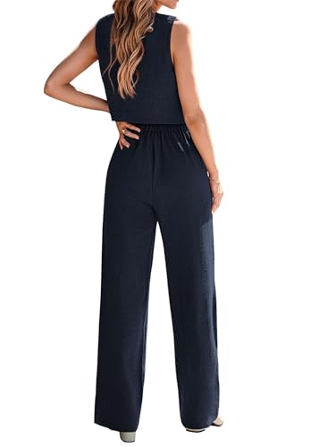 KIRUNDO Two Piece Outfits for Women Summer Sets 2026 Trendy Button Crop Vest Wide Leg Pantsuit Matching Set Spring Fashion Clothes(Navy, Small) — view 2