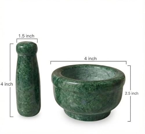 Image of Premium White Marble Mortar and Pestle Set (Okhli /Masher) | Solid Stone Grinding Bowl for Spices, Herbs, Garlic, and Masala | Natural, Heavy, Non-Porous Kitchen Tool (Green, 4 Inch)