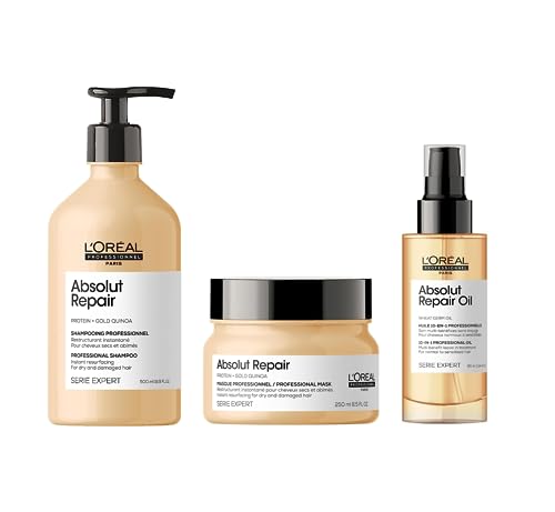 L'Oréal Professionnel, Shampoing Réparateur + Masque Restructurant Instantané + Huile de Finition 10-en-1 pour Cheveux Secs et Abîmés, Absolut Repair, SERIE EXPERT, 500ml + 250ml + 90ml
