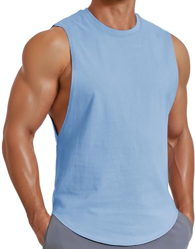 COOFANDY Mens Workout Sleeveless Shirts Cut Off Athletic Tank Tops Summer Cotton Running Muscle Gym Tee Shirt Blue XL