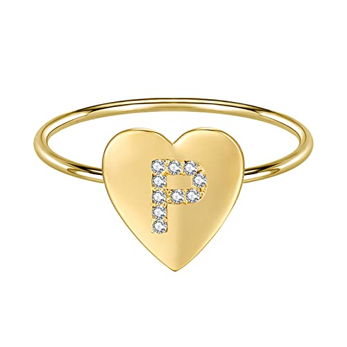 AOEDEJ Sterling Silver Stackable Initial Ring 14K Gold Plated CZ Heart Initial Capital Letter for Women