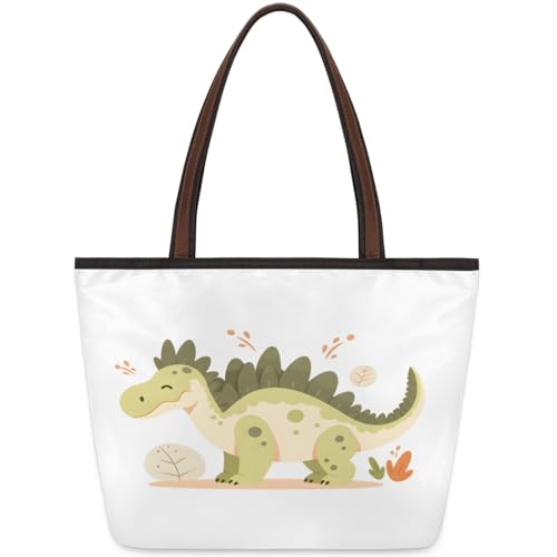 Cute Cartoon Dinosaur Tote Bag Multi Pocket Zippered Beach Bag Lightweight Waterproof Handbag