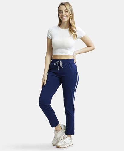 Image of Jockey 1305 Women's Super Combed Cotton Rich Relaxed Fit Mid Rise Trackpants with Contrast Side Piping and Pockets