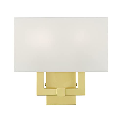Image of Livex Lighting 51103-12 Meridian Collection ADA 2-Light Wall Sconce Light with Off-White Hardback Fabric Shade, Satin Brass, 13 x 12.5