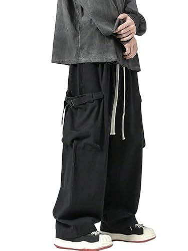 WDIRARA Men's Cargo Pants Drawstring Waist Wide Leg Streetwear Pants with Pockets