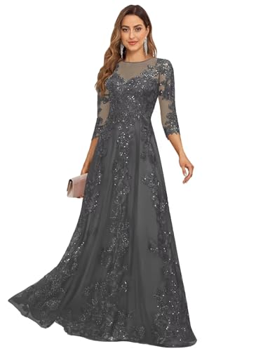 Lace Appliques Mother of The Groom Dresses for Women with 3/4 Sleeve Beaded Scoop Neck Tulle Evening Gown Elegant Size 8