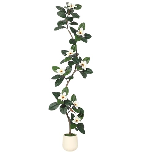 GAOMON 7FT Artificial Fiddle Leaf Fig Tree with Magnolia Flowers, Faux Plants with White Planter Pot, Faux Floor Plant, Indoor and Outdoor Rubber Tree for Home Office Decor