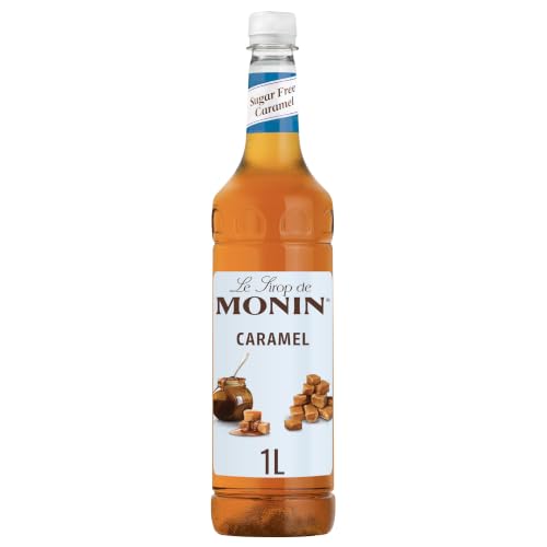 MONIN Sirope premium sin azúcar y caramelo de 1 litro para café y cócteles. Apto para veganos, sin alérgenos, sabores y colorantes 100% naturales. Sirope de café sin azúcar
