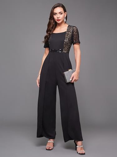 Image of Miss Chase Women's Halter Neck Sleeveless Solid Wide Leg Sequin Paneled Regular Length Jumpsuit
