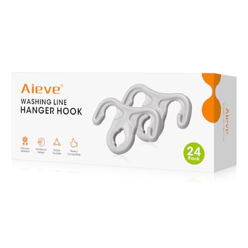 Aieve Washing Line Hanger Hooks, 24 Pack Clothes Hook Windproof Pegs, Clothes Line Outdoor Retractable/Rotary Washing Line Hanging Hook Ups for Coat Hangers & Drying Rack (Grey)