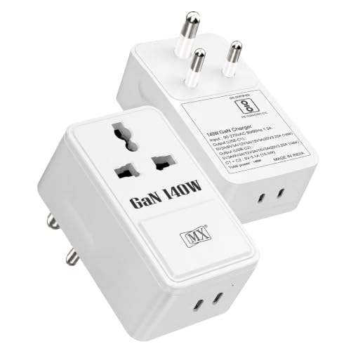 Image of MX 3-in-1 140W PD Fast Charging MultiPort Adapter with 2500W Universal Socket, Dual Type-C, Socket for India, US, UK, EU, AU, Compact Design for Bedside Use, Multi Plug Power Adapter ISI approved Plug