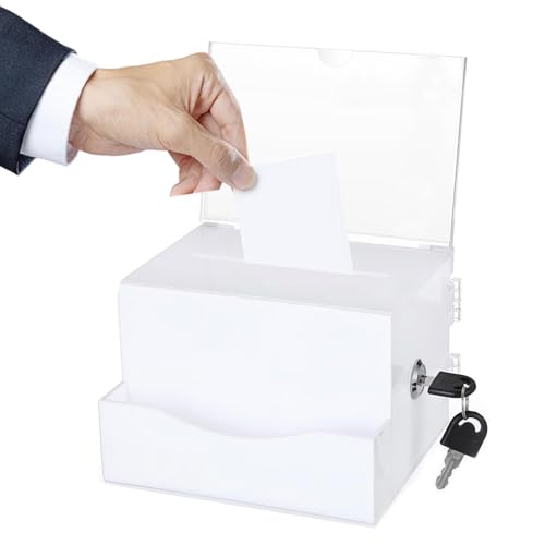 Caja de donación de acrílico, caja de donación con cerradura, caja de regalo de acrílico, urna, caja recomendada, con llave negra, caja de sugerencias, para coleccionar tarjetas, sorteos, color blanco Caja de donación de acrílico, caja de donación con cerradura, caja de regalo de acrílico, urna, caja recomendada, con llave negra, caja de sugerencias, para coleccionar tarjetas, sorteos, color blanco