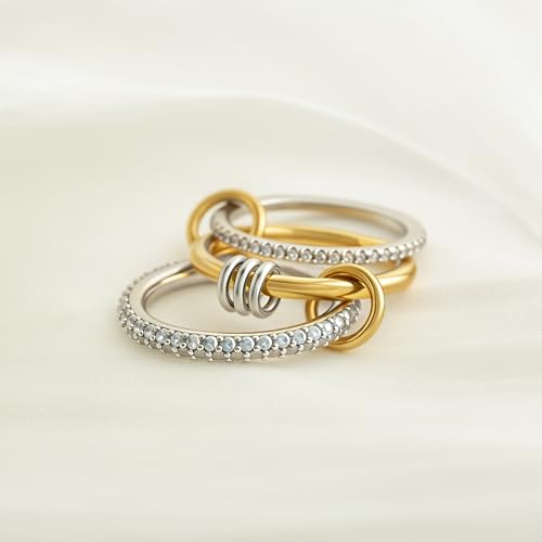 BKC Gold Stackable Rings for Women, 14k Gold Plated Chunky Statement Cubic Zirconia Rings, Silver Gold Multi Ring Interlocking Mixed Metals Stack Rings Set Non Tarnish3