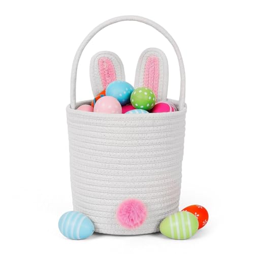 Image of Easter Baskets for Kids Woven Bunny Basket with Handle Egg Hunting Easter Bucket for Boys and Girls