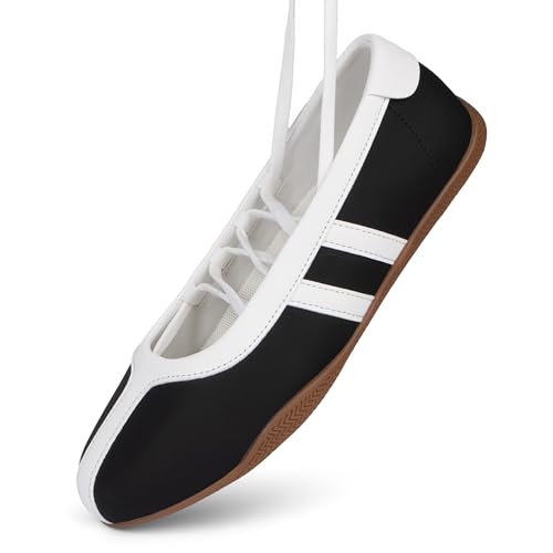 Tigeridea Womens Black Sneakers Business Casual Tennis Shoes Strap Cute Ballet Flats Black Mary Jane Shoes Lace Up Footwear Size 9