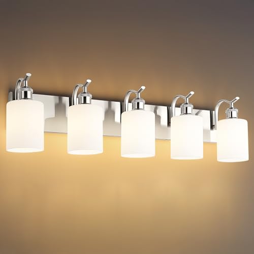Image of 5 Light Bathroom Vanity Light, Brushed Nickel Vanity Lights for Morden Bathroom Lighting Fixtures Over Mirror Wall Light Fixtures with Milky White Frosted Shade ZCVL01BNW-5