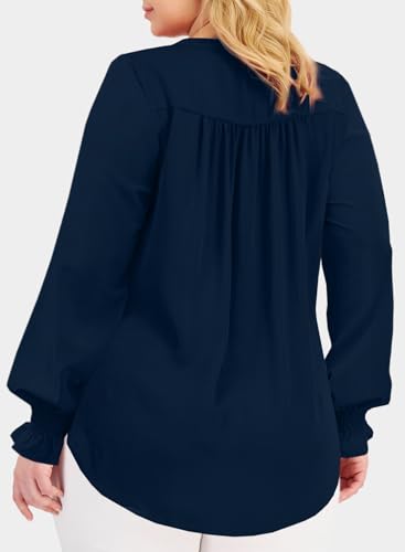 Eytino Plus Size Tops for Women Sexy V Neck Smocked Long Sleeve Blouse Loose Casual Work Shirts(1X-5X)2