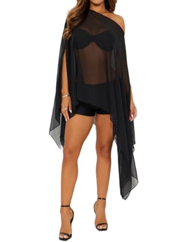 Listado de Poncho Ropa los 5 más buscados. 50 Poncho de gasa transparente para mujer, mantón de malla con capas de moda, para vestido de noche formal (A-negro, talla única)