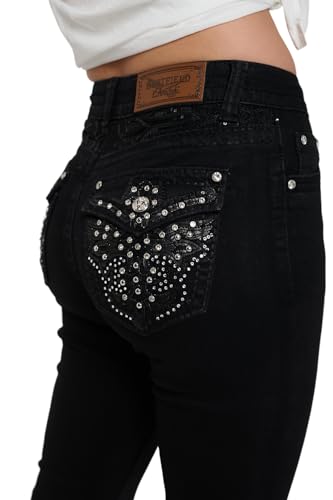 High Waisted-Rise Stretchy Bootcut Jeans - Curvy Women’s Embroidered Feather Flare Denim2